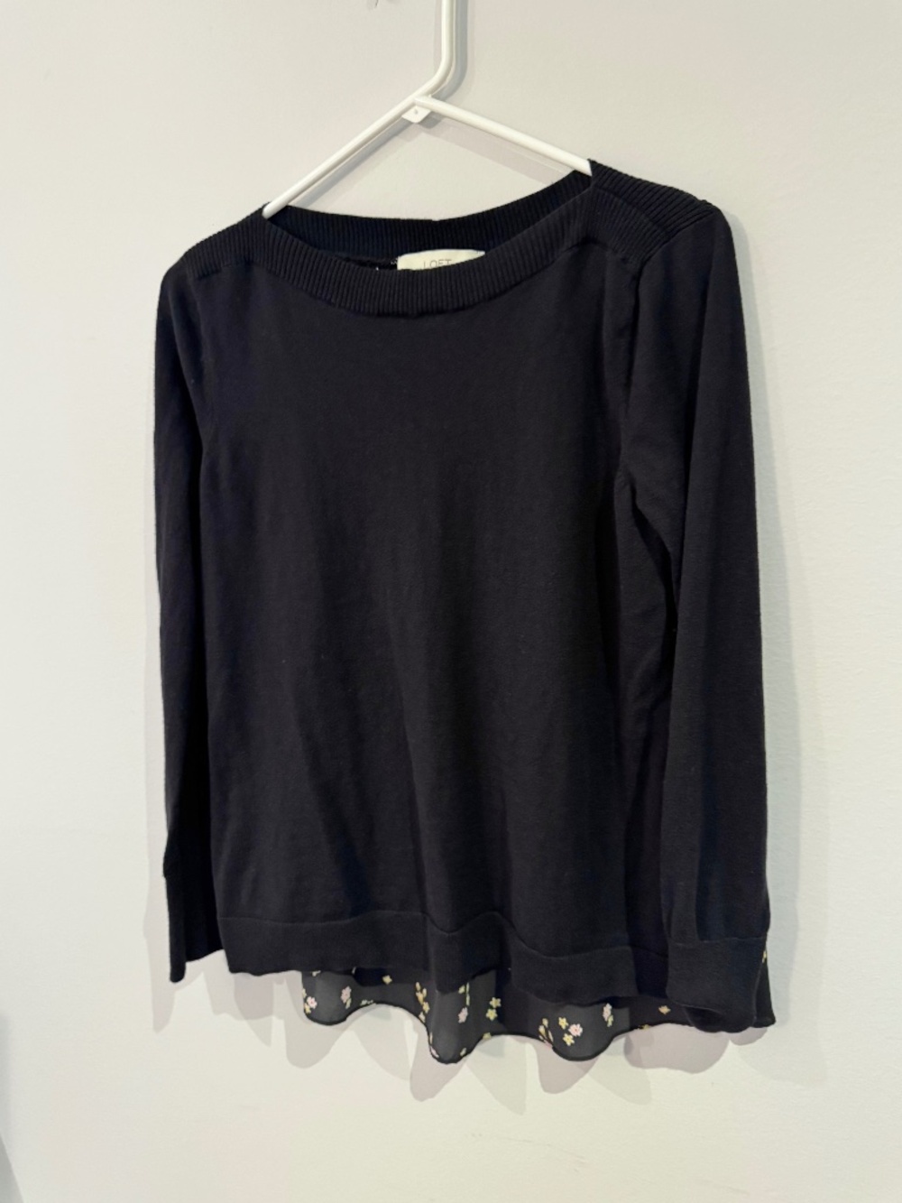LOFT Black Mixed Media Floral Back Sweater Medium